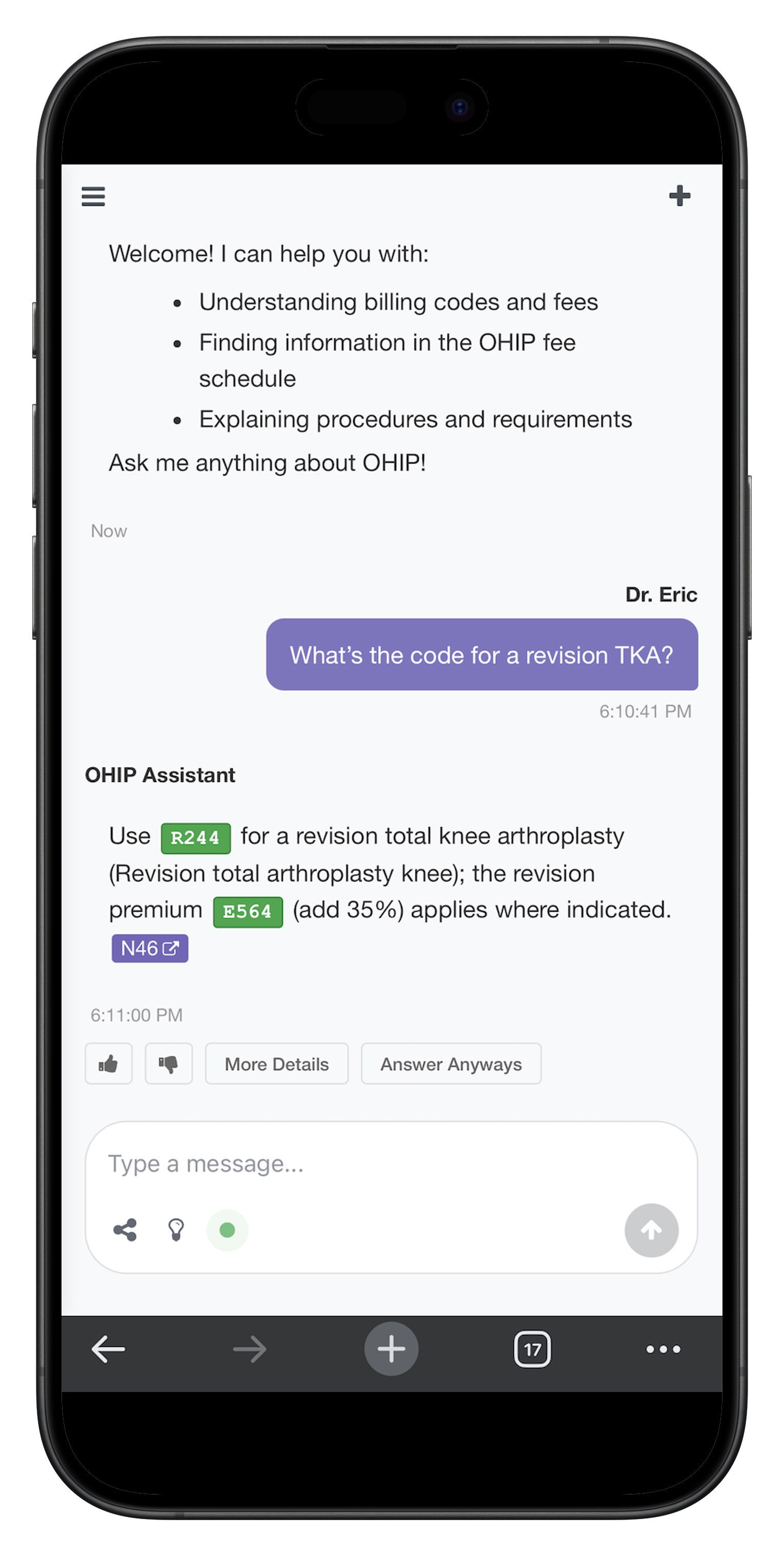 OHIPtool app showing OHIP billing assistant